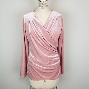 Pink Velvet Faux Wrap Long Sleeve Ruched V Neck Blouse * Women's Size Medium